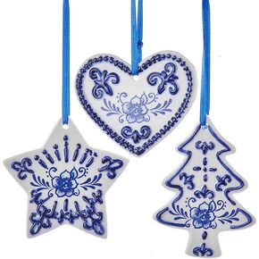 Kurt Adler 3" Porcelain Delft Blue Heart Tree Star Ornaments (3 Pack Assorted)