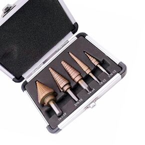 5PCS HSS Cobalt Step Drill Bit Set Multiple Hole 50 Sizes with Aluminum Case for Metal Wood Step Cone Drill (Dark Bronze)