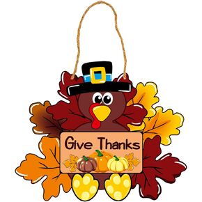 PAMBO Give Thanks Turkey Door Hanging Decoration SIgns, Thanksgiving Hanging Signs for Wreath Office Fall Farmhouse Door Outdoor