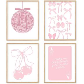Boat Wades Pink Coquette Bow Wall Art Poster,Preppy Pink Coquette Bow Poster Prints Wall Art,Bow Room Decor,Girls Coquette Bedroom Dorm Decor,Pink Prints Wall Art 8x10 Set Of 4