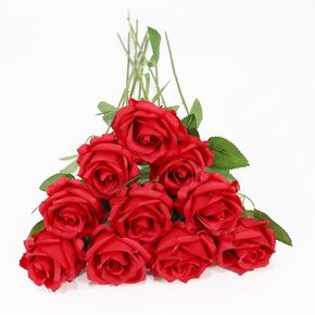 10Pcs Roses Artificial Flowers Fake Roses Silk Roses with Faux Roses with Stems for Home Kitchen Bathroom Wedding Party Decorations(Red)