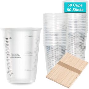 XUXU 100pcs 8oz Graduated Clear Plastic Measuring Cups with 100pcs Wooden Stirring Sticks for Mixing Paint, Pigments, Epoxy Resins, Resins