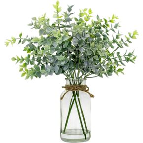 Fake Eucalyptus Stems in Glass Vase with Faux Water,14" Artificial Plants Eucalyptus Leaves for Home Office, Farmhouse and Wedding Centerpieces（Green）