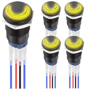 5Pcs 12mm Latching LED Push Button Switch Black Shell IP65 Waterproof Self-Locking Push Button Switch SPST 2Position ON Off with Terminal Wires for Car 5Color(Red/Yellow/Blue/Green/White)