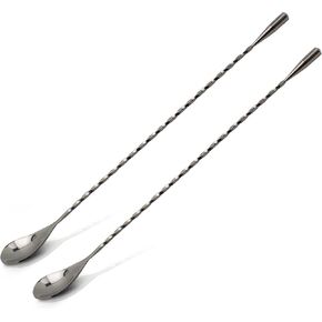 Bar Spoon: 12.5" Stainless Steel Cocktail Mixing Spoon, Long Handle Spiral Design with Weighted Teardrop End (Set of 2)