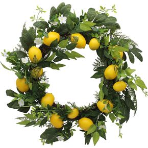 CVHOMEDECO. Primitive Rustic 22 Inch Artificial Faux Lemon Wreath with Green Leaves and Daisy, Spring Summer Autumn Festival Wreath for Front Door and Home Decor.