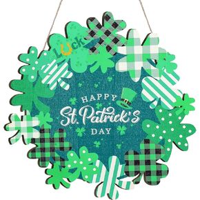 Happy St Patrick's Day Wreath Sign Wooden Hanging Wreath Decor Ornament Wood Farmhouse Shamrock Door Decor Lucky Green Hanger for Front Door Porch Home Wall Window Indoor Outdoor Decorations