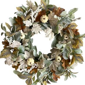 TEMPUS Artificial 20 inch Wreath Fall Maple Leaves Wreath,White Berry with White Pumpkin Wreath for Front Door Harvest Festival Window Wedding Autumn Outdoor Indoor Decor