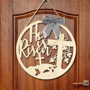 Easter Wooden Door Sign He Is Risen Door Hanger Happy Easter Cross Wall Sign Easter Door Decoration Spring Liliaceous Wreath White Dove Home Decoration for Easter Spring Religious Home Supplies