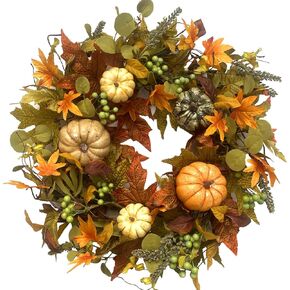 Bibelot 20 inch Autumn Wreath -Pumpkin and Maple Leaf Wreath with Greeen Berry for Front Door Hanging Wall Decoration,Fall Harvest,Thanksgiving, Home Decor…