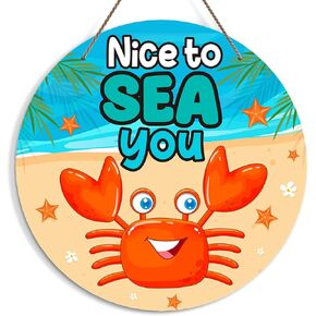 Hello Summer Sign for Front Door, Beach Welcome Door Sign Decoration, Nice To Sea You Round Decorative Wall Sign, Rustic Wooden Hanging Sign for Farmhouse Home Porch Living Room -31