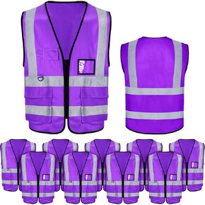 EBOOT 10 Pcs Safety Vests High Visibility Safety Vest with Reflective Strips, Neon Vest Construction Vest with Pockets (Pink)