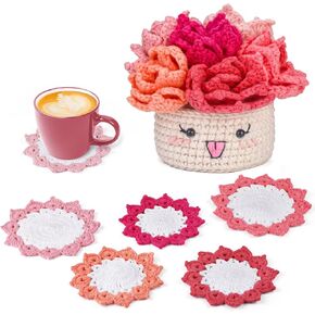 Hssugi Crochet Kit for Beginners - 6pcs Coasters in a Plant Pot Crochet Start Kit, Complete Beginner Crochet Kit with Crochet Hooks, Yarn, Clear Video Tutorials for Adult Beginners