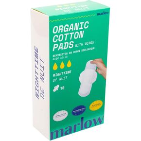 MARLOW 100% Organic Cotton Pads - Free from plastic, fragrance, dyes, chlorine-bleaching, Ultra Soft, Leak Proof, Super Absorbent with extra sticky wings (Night Time), White