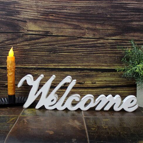 CVHOMEDECO. كلمات خشبية بيضاء عتيقة ريفية متعثرة، لافتة ترحيب قائمة بذاتها، سطح الطاولة/الرف/جدار المنزل/فن تزيين المكتب، 14-1/2 × 4-1/4 × 1 بوصة in Kuwait