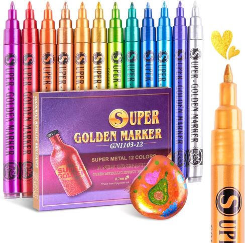 Lightwish Metallic Paint Pens Glitter Markers,Sparkle Ultra Fine Point 0.7mm Acrylic Paint Markers,Super Golden Metallic Markers for Black Paper Glass Rock Painting Wood Canvas Mug,18*18*2.5cm in Saudi Arabia