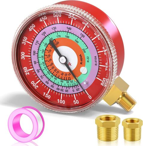 MEANLIN MEASURE Refrigeration Pressure Gauge, 1/8"NPT, 0-800Psi, 2-3/4" Dial, R-404A, R-22, R-410A, Degree F, with 1/8" x 1/4" NPT and 1/8" x 3/8" NPT Hex Bushing, Red Dial, Lower Mount in Saudi Arabia