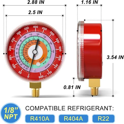 MEANLIN MEASURE Refrigeration Pressure Gauge, 1/8"NPT, 0-800Psi, 2-3/4" Dial, R-404A, R-22, R-410A, Degree F, with 1/8" x 1/4" NPT and 1/8" x 3/8" NPT Hex Bushing, Red Dial, Lower Mount in Saudi Arabia