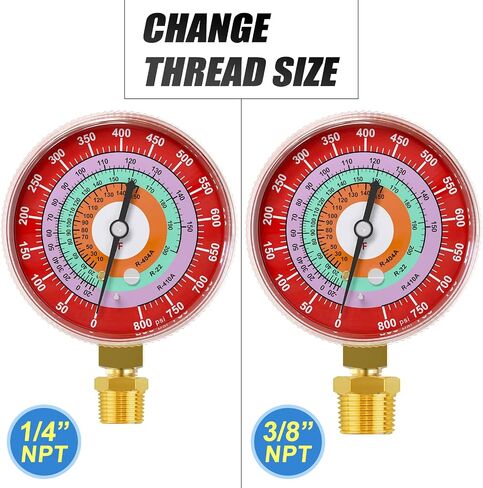 MEANLIN MEASURE Refrigeration Pressure Gauge, 1/8"NPT, 0-800Psi, 2-3/4" Dial, R-404A, R-22, R-410A, Degree F, with 1/8" x 1/4" NPT and 1/8" x 3/8" NPT Hex Bushing, Red Dial, Lower Mount in Saudi Arabia