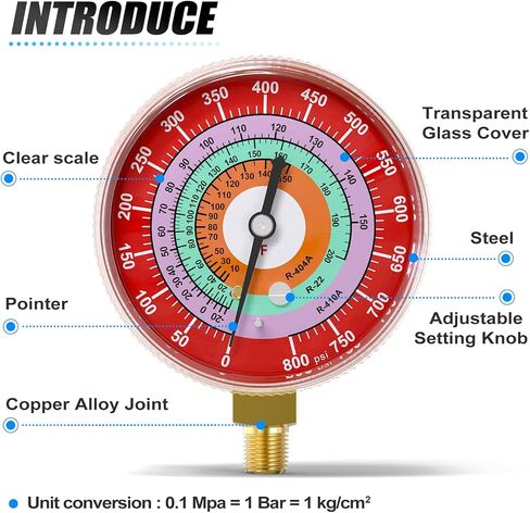 MEANLIN MEASURE Refrigeration Pressure Gauge, 1/8"NPT, 0-800Psi, 2-3/4" Dial, R-404A, R-22, R-410A, Degree F, with 1/8" x 1/4" NPT and 1/8" x 3/8" NPT Hex Bushing, Red Dial, Lower Mount in Saudi Arabia