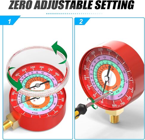 MEANLIN MEASURE Refrigeration Pressure Gauge, 1/8"NPT, 0-800Psi, 2-3/4" Dial, R-404A, R-22, R-410A, Degree F, with 1/8" x 1/4" NPT and 1/8" x 3/8" NPT Hex Bushing, Red Dial, Lower Mount in Saudi Arabia