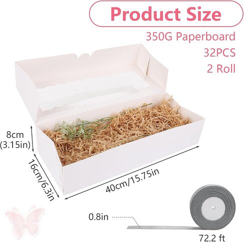 30 Pack 15.7" x 6.2" x 3" Cookie Boxes with Window, 350G Bakery Boxes with 2 Roll Ribbons, White Long Treat Boxes for Cookies, Chocolate Strawberries, Donuts, Muffins, Pastries in Saudi Arabia