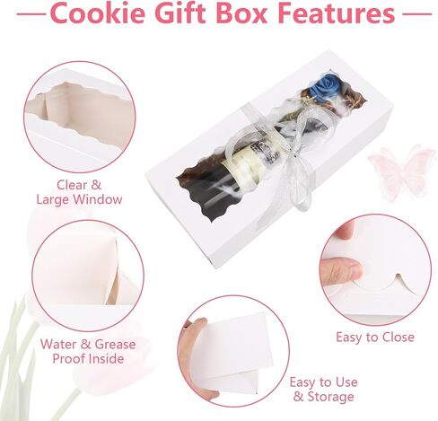 30 Pack 15.7" x 6.2" x 3" Cookie Boxes with Window, 350G Bakery Boxes with 2 Roll Ribbons, White Long Treat Boxes for Cookies, Chocolate Strawberries, Donuts, Muffins, Pastries in Saudi Arabia