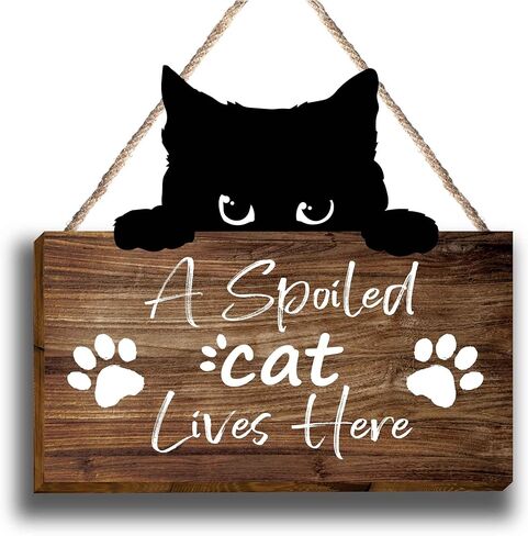 علامة خشبية مضحكة للقطط، هدايا لمحبي القطط للنساء، هدايا لمحبي القطط، قطة مدللة تعيش هنا معلقة مطبوعة على الحائط لوحة خشبية، لوحات جدارية معلقة على شكل قطة مضحكة لمحبي القطط والقطط والأم المراهقات والنساء والرجال-31 in Kuwait