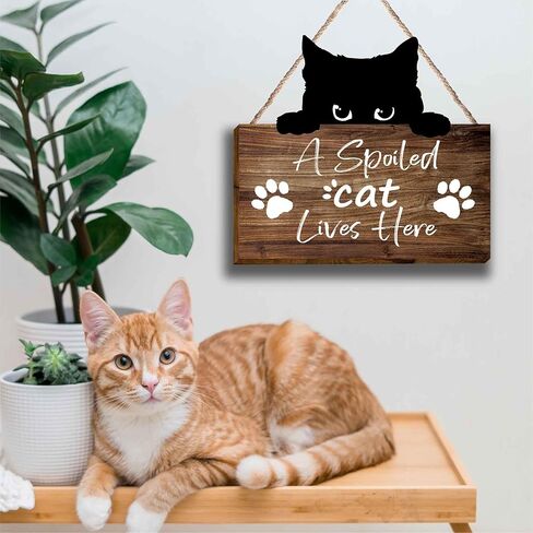 علامة خشبية مضحكة للقطط، هدايا لمحبي القطط للنساء، هدايا لمحبي القطط، قطة مدللة تعيش هنا معلقة مطبوعة على الحائط لوحة خشبية، لوحات جدارية معلقة على شكل قطة مضحكة لمحبي القطط والقطط والأم المراهقات والنساء والرجال-31 in Kuwait