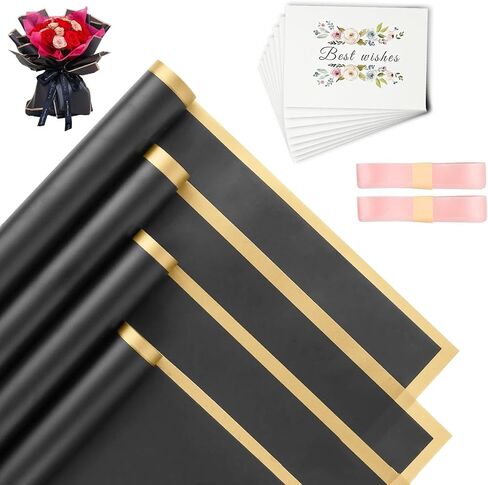 SUCCEFORT 24 Sheets Flower Wrapping Paper, 4 Colors Golden Edge Translucent Flower Bouquet Wrap Gift Packaging with 2 Ribbon and 8 Greeting Card for DIY Gift Craft 22.8x22.8 inch in Saudi Arabia