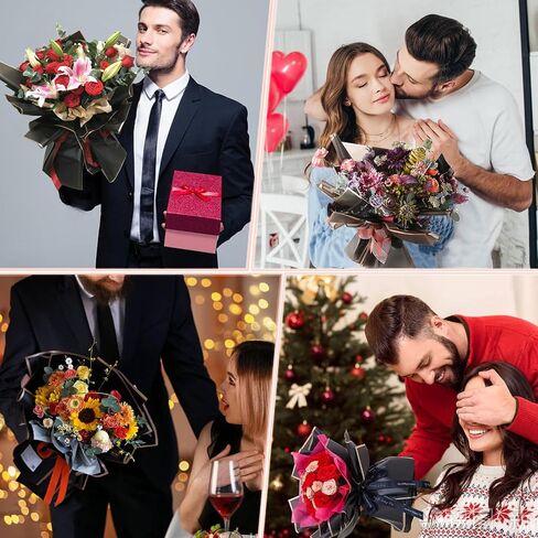 SUCCEFORT 24 Sheets Flower Wrapping Paper, 4 Colors Golden Edge Translucent Flower Bouquet Wrap Gift Packaging with 2 Ribbon and 8 Greeting Card for DIY Gift Craft 22.8x22.8 inch in Saudi Arabia