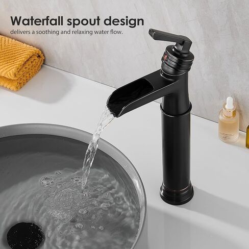 Vessel Sink Bathroom Faucet, Oil Rubbed Bronze Tall Waterfall Bathroom Faucet One Hole, Single Handle Vanity Vessel Faucet, Modern Lavatory Bowl Sink Faucet with Drain in Saudi Arabia