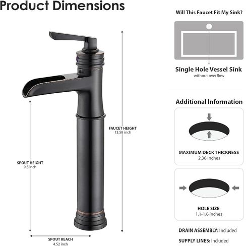 Vessel Sink Bathroom Faucet, Oil Rubbed Bronze Tall Waterfall Bathroom Faucet One Hole, Single Handle Vanity Vessel Faucet, Modern Lavatory Bowl Sink Faucet with Drain in Saudi Arabia