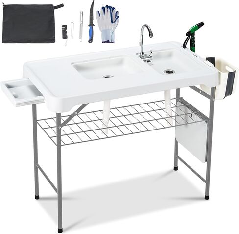 Dragosum 42'' Outdoor Fish Cleaning Table Portable Camping Sink Station with Double Sinks, Collapsible Swivel Faucet, Picnic Sink Table with 6pc Fish Cleaning Kit for Picnic Beach Patio in Kuwait
