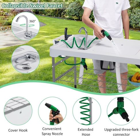 Dragosum 42'' Outdoor Fish Cleaning Table Portable Camping Sink Station with Double Sinks, Collapsible Swivel Faucet, Picnic Sink Table with 6pc Fish Cleaning Kit for Picnic Beach Patio in Kuwait
