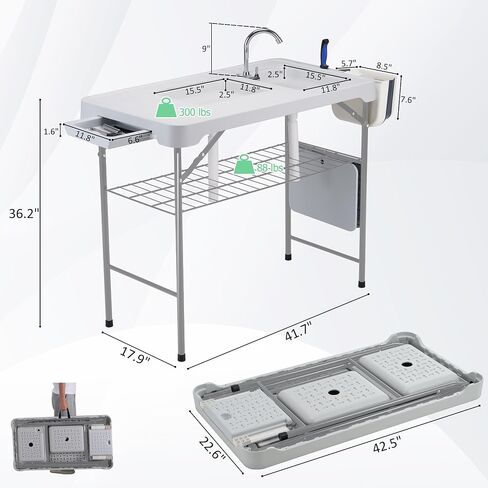 Dragosum 42'' Outdoor Fish Cleaning Table Portable Camping Sink Station with Double Sinks, Collapsible Swivel Faucet, Picnic Sink Table with 6pc Fish Cleaning Kit for Picnic Beach Patio in Kuwait