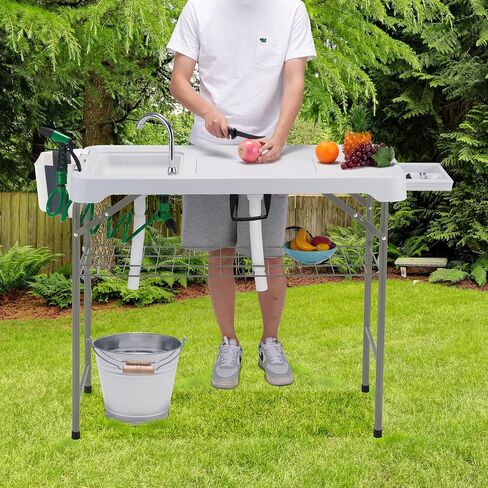 Dragosum 42'' Outdoor Fish Cleaning Table Portable Camping Sink Station with Double Sinks, Collapsible Swivel Faucet, Picnic Sink Table with 6pc Fish Cleaning Kit for Picnic Beach Patio in Kuwait