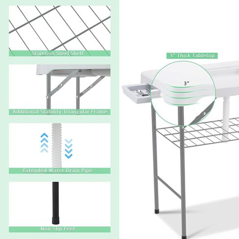Dragosum 42'' Outdoor Fish Cleaning Table Portable Camping Sink Station with Double Sinks, Collapsible Swivel Faucet, Picnic Sink Table with 6pc Fish Cleaning Kit for Picnic Beach Patio in Kuwait