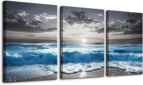 TTHYUEWS Wall Art For Living Room Wall Decor For Bedroom Modern Office Pictures Blue Sea Beach Posters Canvas Painting Wall Art Bathroom Seascape Prints Artwork Canvas Art Framed Ready to Hang 3pcs in Saudi Arabia