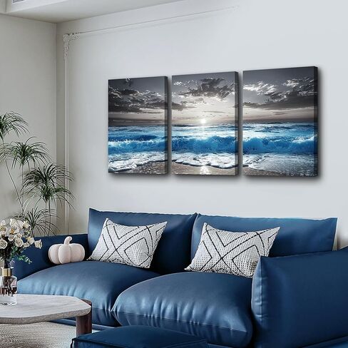 TTHYUEWS Wall Art For Living Room Wall Decor For Bedroom Modern Office Pictures Blue Sea Beach Posters Canvas Painting Wall Art Bathroom Seascape Prints Artwork Canvas Art Framed Ready to Hang 3pcs in Saudi Arabia