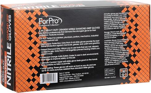 قفازات ForPro شديدة التحمل من النتريل للاستعمال مرة واحدة، برتقالية، 8 مل، درجة صناعية، مقبض ماسي مرتفع، خالية من اللاتكس، عدد 100 in Kuwait