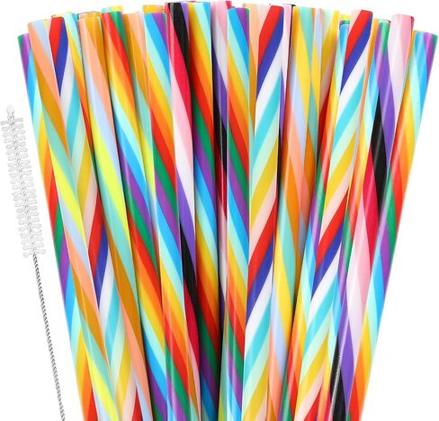 JANYUN 30 Pieces Reusable Plastic Straws BPA-Free 9" Colorful Printing Hard Platic Stripe Drinking Straw for Mason Jar Tumbler Family or Party Use Cleaning Brush Included(Random Pattern) (Straight) in Kuwait