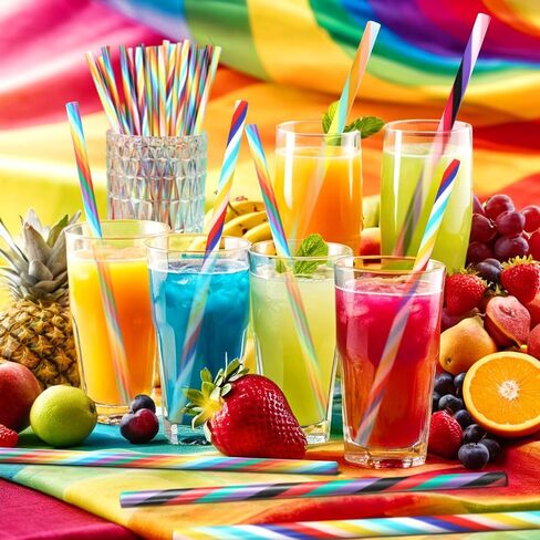 JANYUN 30 Pieces Reusable Plastic Straws BPA-Free 9" Colorful Printing Hard Platic Stripe Drinking Straw for Mason Jar Tumbler Family or Party Use Cleaning Brush Included(Random Pattern) (Straight) in Kuwait