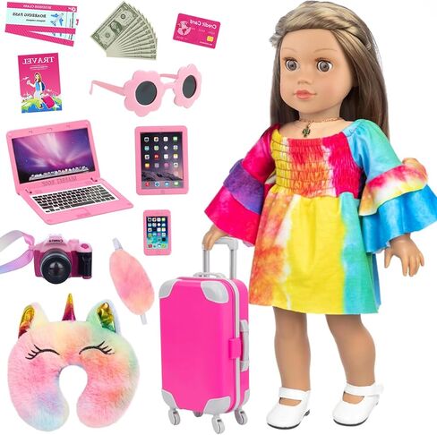 UNICORN ELEMENT 13 قطعة من ملابس الدمى للفتيات مقاس 18 بوصة وإكسسواراتها مجموعة ألعاب أمتعة السفر بما في ذلك حقيبة الألعاب والكاميرا والنظارات الشمسية والهاتف والكمبيوتر وجواز السفر وما إلى ذلك (بدون دمية) in Kuwait