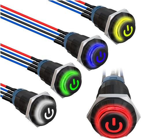 5Pcs 12mm Latching LED Push Button Switch Black Shell IP65 Waterproof Self-Locking Push Button Switch SPST 2Position ON Off with Terminal Wires for Car 5Color(Red/Yellow/Blue/Green/White) in Saudi Arabia