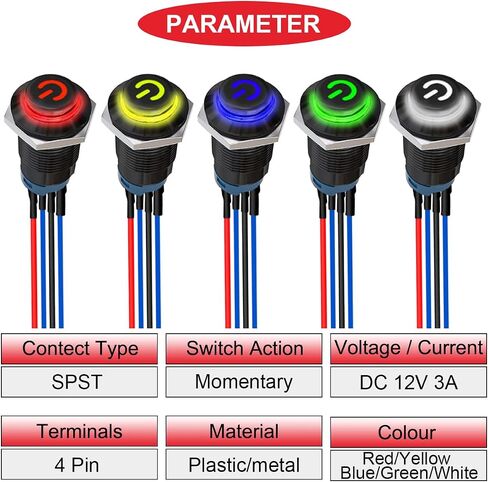 5Pcs 12mm Latching LED Push Button Switch Black Shell IP65 Waterproof Self-Locking Push Button Switch SPST 2Position ON Off with Terminal Wires for Car 5Color(Red/Yellow/Blue/Green/White) in Saudi Arabia