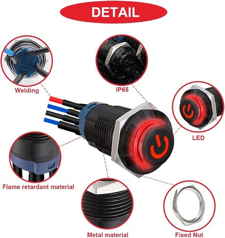 5 قطع 12 ملم زر ضغط LED بغطاء أسود IP65 مقاوم للماء مفتاح زر ضغط ذاتي القفل SPST 2 موضع تشغيل مع أسلاك طرفية للسيارة 5 ألوان (أحمر/أصفر/أزرق/أخضر/أبيض) in Saudi Arabia