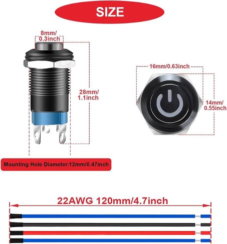 5 قطع 12 ملم زر ضغط LED بغطاء أسود IP65 مقاوم للماء مفتاح زر ضغط ذاتي القفل SPST 2 موضع تشغيل مع أسلاك طرفية للسيارة 5 ألوان (أحمر/أصفر/أزرق/أخضر/أبيض) in Saudi Arabia