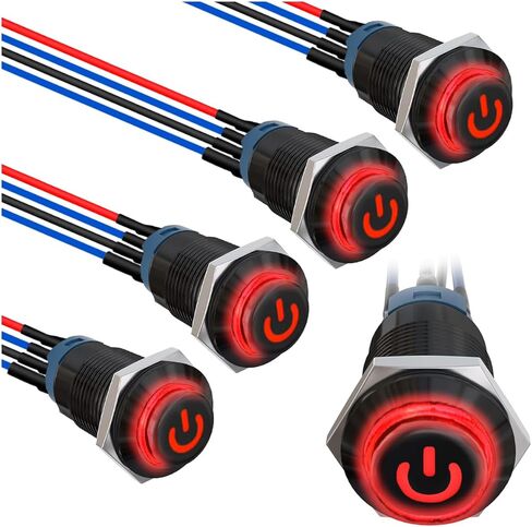 5 قطع 12 ملم زر ضغط LED بغطاء أسود IP65 مقاوم للماء مفتاح زر ضغط ذاتي القفل SPST 2 موضع تشغيل مع أسلاك طرفية للسيارة 5 ألوان (أحمر/أصفر/أزرق/أخضر/أبيض) in Saudi Arabia