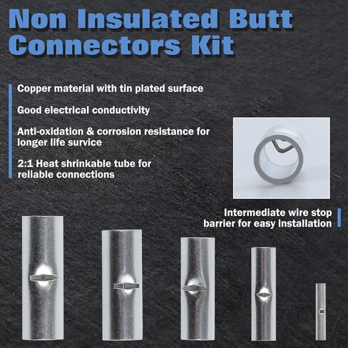 220 Pcs Non Insulated Butt Connectors Kit With Heat Shrinkable Tube Butt, 24-8AWG Seamless Uninsulated Butt, Tinned Copper Butt Splice Connector, Non Insulated Wire Connectors Crimp Terminals in Saudi Arabia